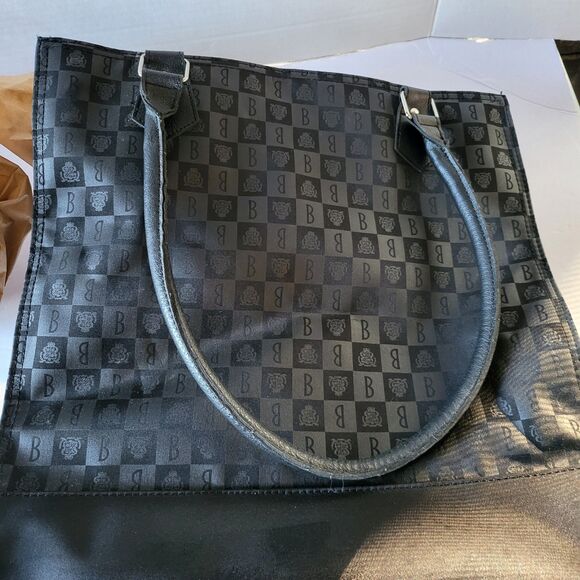 Princess Marcella Borghese Canvas Tote Office Black Logo Purse Leather Handles - Picture 4 of 6